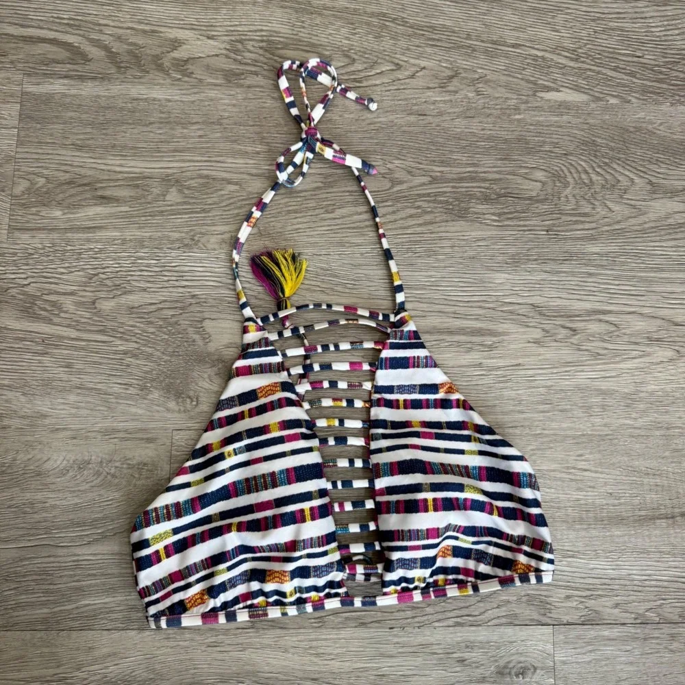 Becca by Rebecca Virtue Multi Color Striped‎ Ladder Cutout Halter Bikini Top L